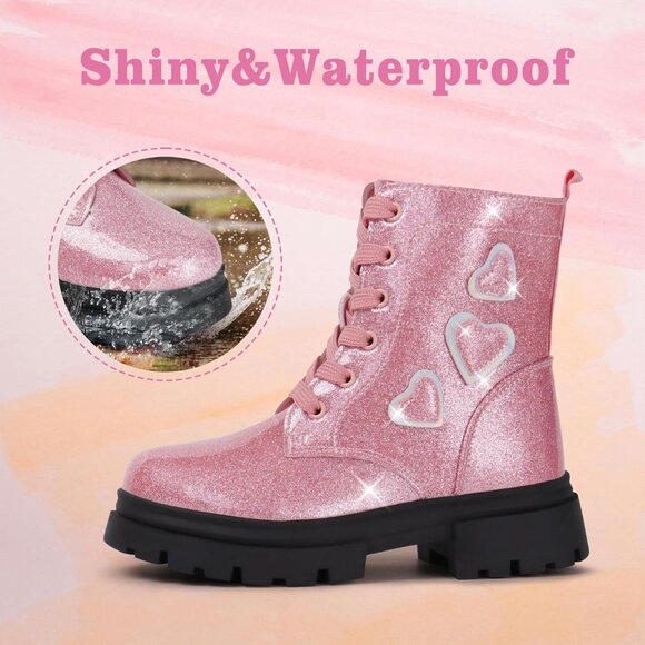Girl's Pink Fashion Shiny Rubber Combat Kids Slip-on Lightweight Ankle Boots - Picture 4 of 7